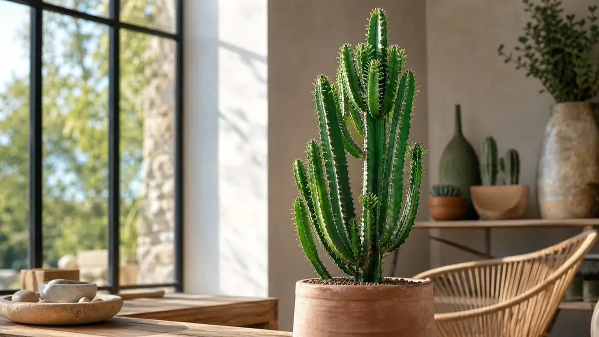 Une euphorbe cactus sculpturale baignée de lumière dans un intérieur contemporain.