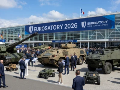 Des professionnels visitent l'exposition de véhicules blindés à Eurosatory 2026