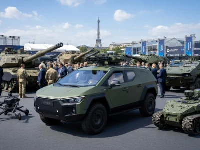 Exposition de blindés et de drones à Eurosatory 2026 Paris devant la tour Eiffel