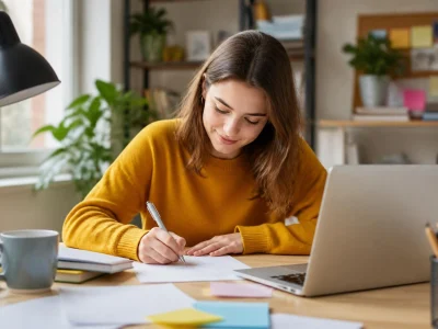 Jeune femme souriante travaillant sur un exemple de lettre de motivation de stage à son bureau
