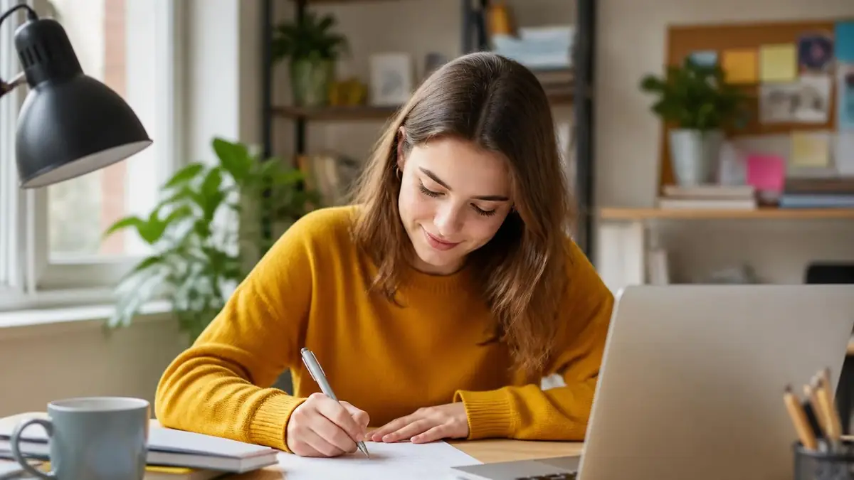 Jeune femme souriante travaillant sur un exemple de lettre de motivation de stage à son bureau