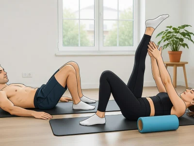 Un homme et une femme font des exercices contre les douleurs aux hanches sur des tapis de yoga.