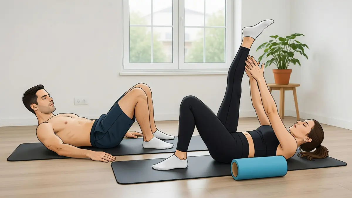 Un homme et une femme font des exercices contre les douleurs aux hanches sur des tapis de yoga.