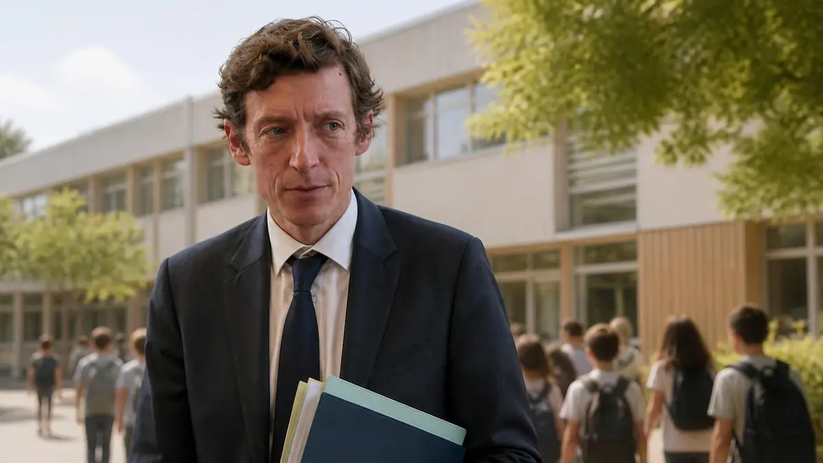 Le ministre de l'Éducation nationale de France marche devant une école avec des élèves en arrière-plan