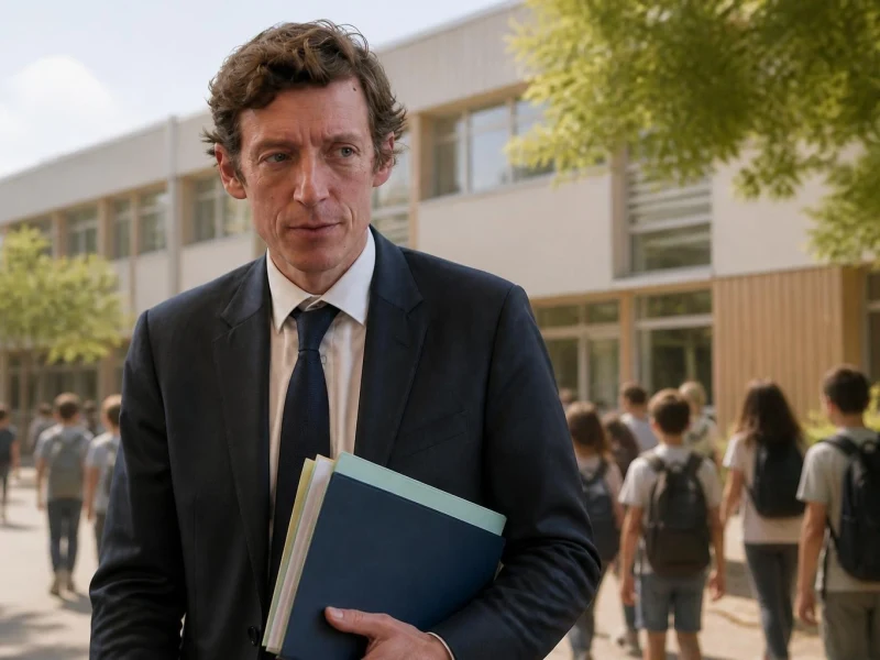 Le ministre de l'Éducation nationale de France marche devant une école avec des élèves en arrière-plan