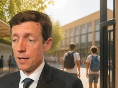Un homme en costume devant un thermomètre affichant une forte chaleur pour évoquer un report Brevet 2026 canicule