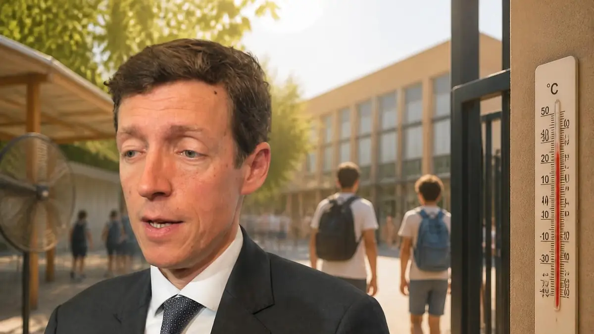 Un homme en costume devant un thermomètre affichant une forte chaleur pour évoquer un report Brevet 2026 canicule