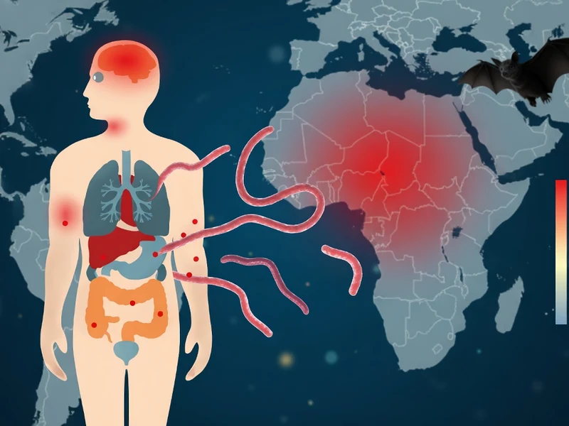 L'image représente la propagation de la maladie à virus Ebola d'une chauve-souris vers un corps humain sur une carte du monde