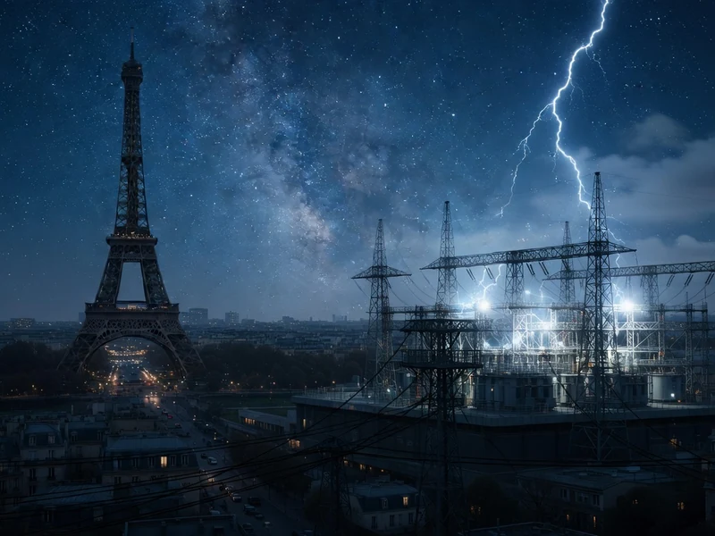 La tour Eiffel illuminée sous un ciel étoilé avec éclair lors de la coupure d'électricité Paris
