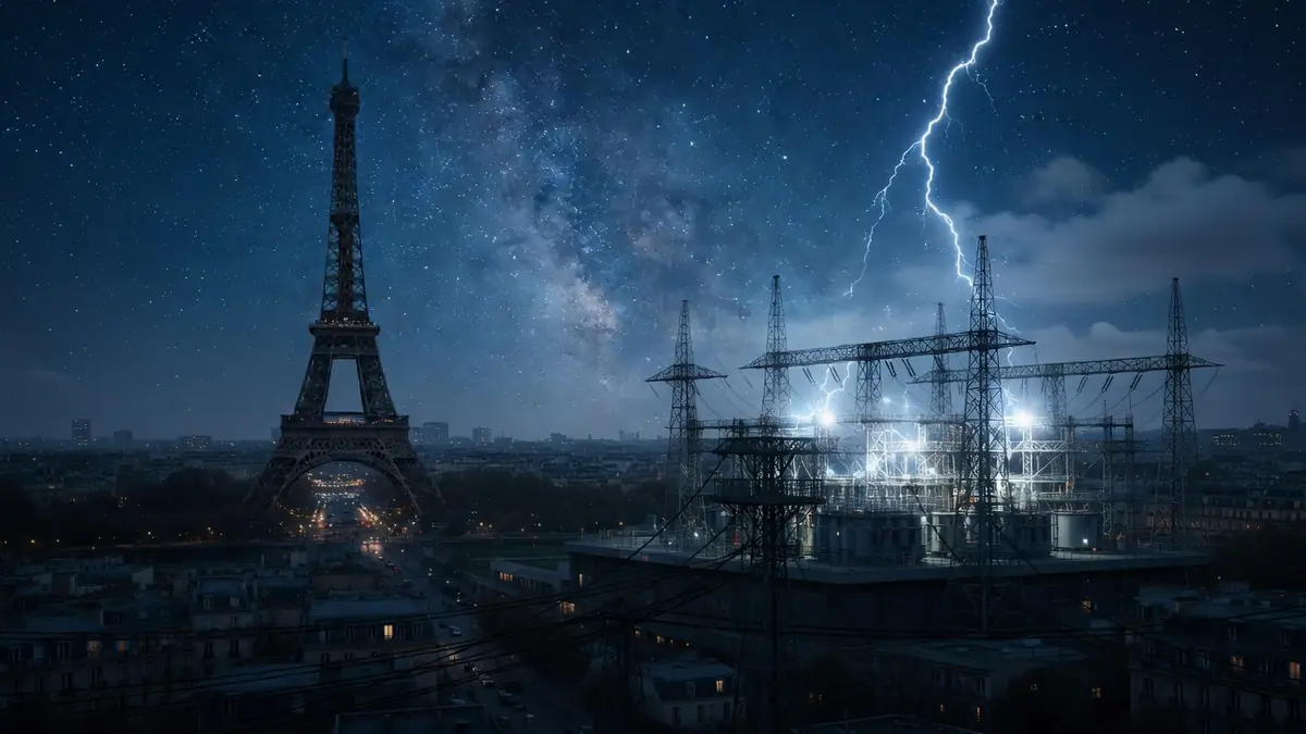 La tour Eiffel illuminée sous un ciel étoilé avec éclair lors de la coupure d'électricité Paris