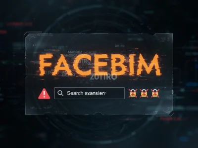 L'interface futuriste de Facebim présente une barre de recherche sur un fond numérique sombre