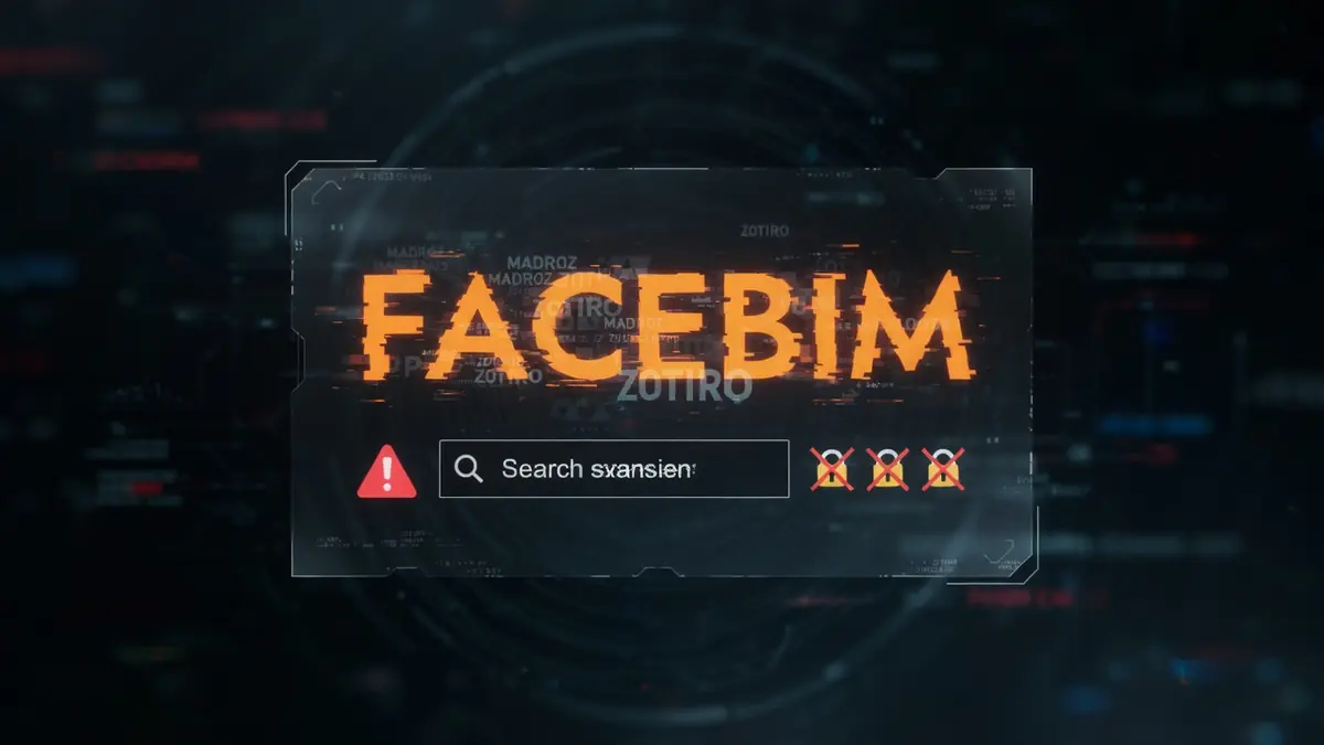 L'interface futuriste de Facebim présente une barre de recherche sur un fond numérique sombre