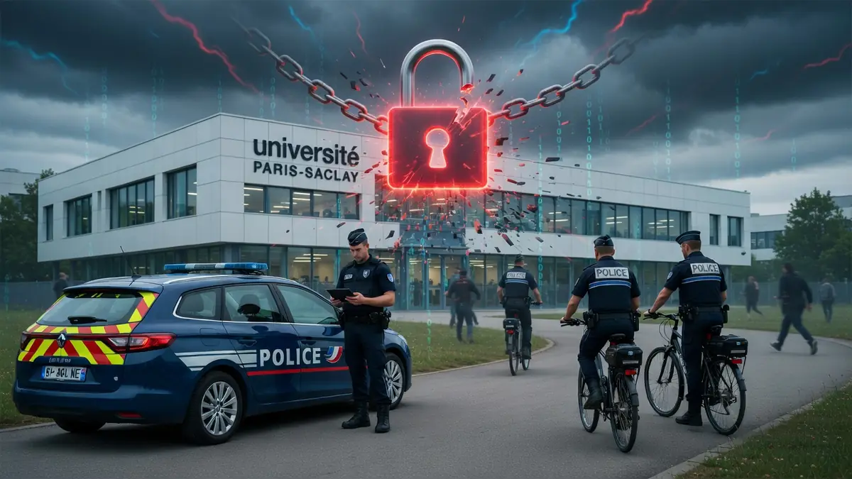 Des policiers et cyclistes près d'un bâtiment avec un cadenas brisé lors d'une cyberattaque sur eCampus Police