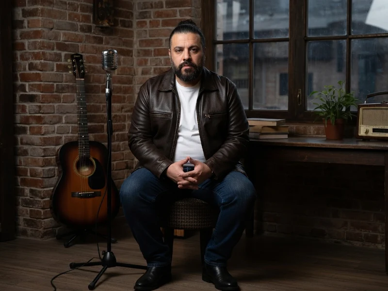 Faisal Attia est assis dans une pièce aux murs de briques avec une guitare et un micro