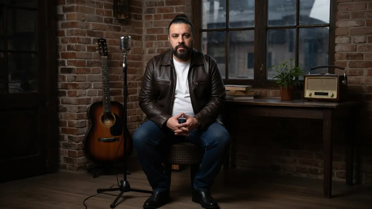Faisal Attia est assis dans une pièce aux murs de briques avec une guitare et un micro