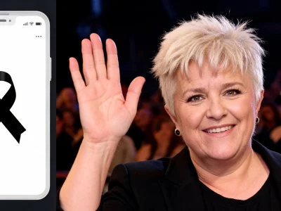 Image d'un smartphone avec ruban noir et Mimie Mathy décédée saluant le public