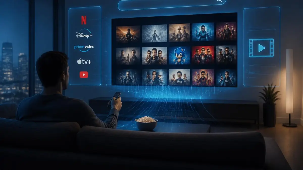 Un homme utilise la plateforme Faklum pour naviguer parmi plusieurs services de streaming sur son téléviseur