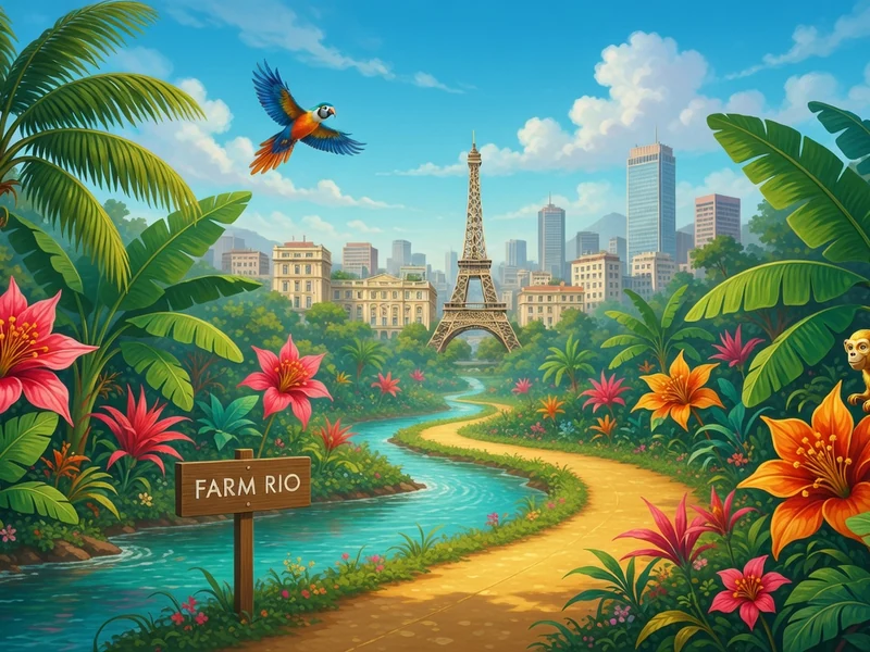 Paysage tropical luxuriant avec des fleurs colorées et des singes, évoquant l'univers vibrant de la marque Farm Rio