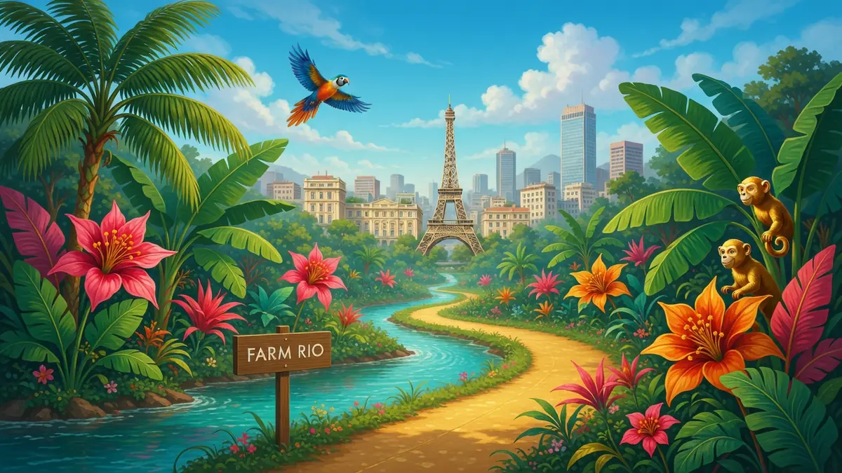 Paysage tropical luxuriant avec des fleurs colorées et des singes, évoquant l'univers vibrant de la marque Farm Rio
