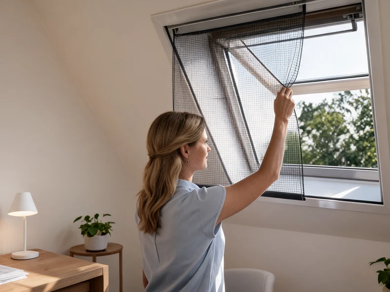 Une femme ajuste une moustiquaire sur Velux dans une chambre mansardée