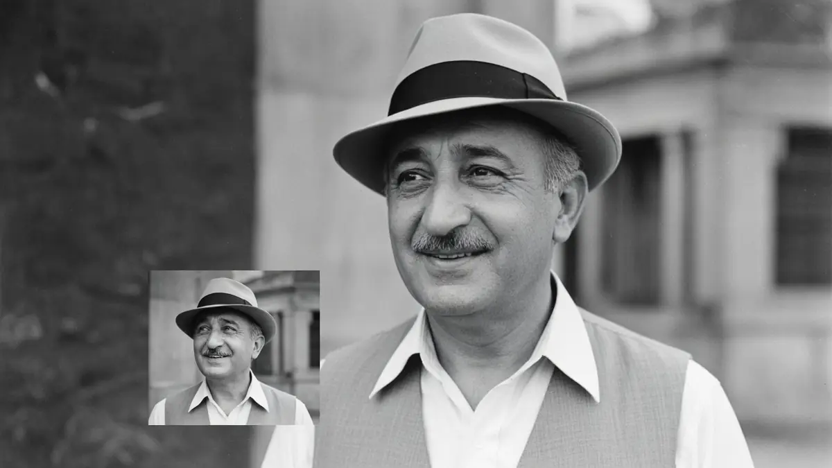 Fernand Charpin apparaît sur deux photos en noir et blanc portant chapeau et gilet