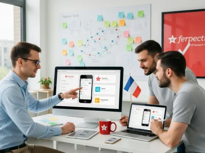 Une équipe de trois hommes collabore sur ferpection autour d'écrans dans un bureau lumineux