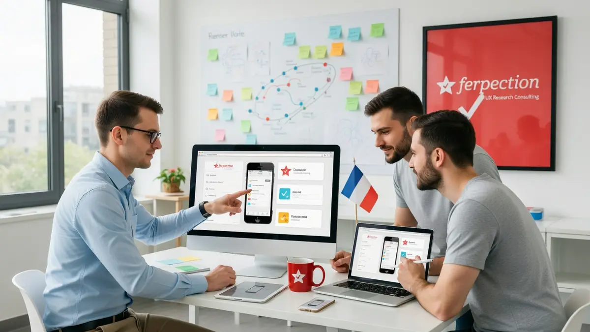 Une équipe de trois hommes collabore sur ferpection autour d'écrans dans un bureau lumineux