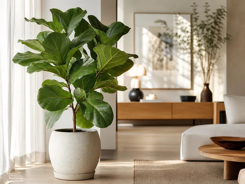 Un ficus lyrata lumineux dans un salon contemporain.