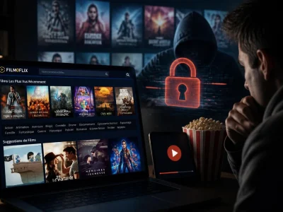 Un utilisateur regarde un film sur Filmoflix avec en arrière-plan une silhouette mystérieuse et un cadenas numérique