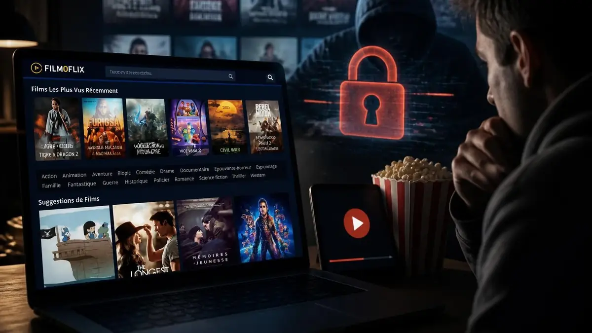 Un utilisateur regarde un film sur Filmoflix avec en arrière-plan une silhouette mystérieuse et un cadenas numérique
