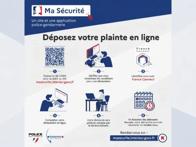 L'image illustre les dépôts de plainte en ligne via des écrans et appareils numériques