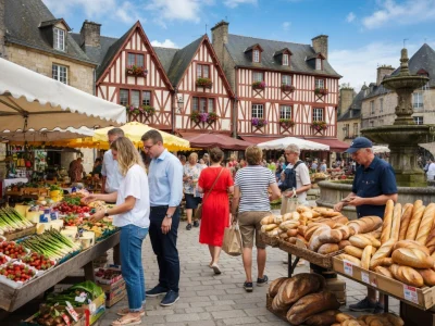 Des visiteurs savourent les produits du marché au cours de leur marche dans le Morbihan