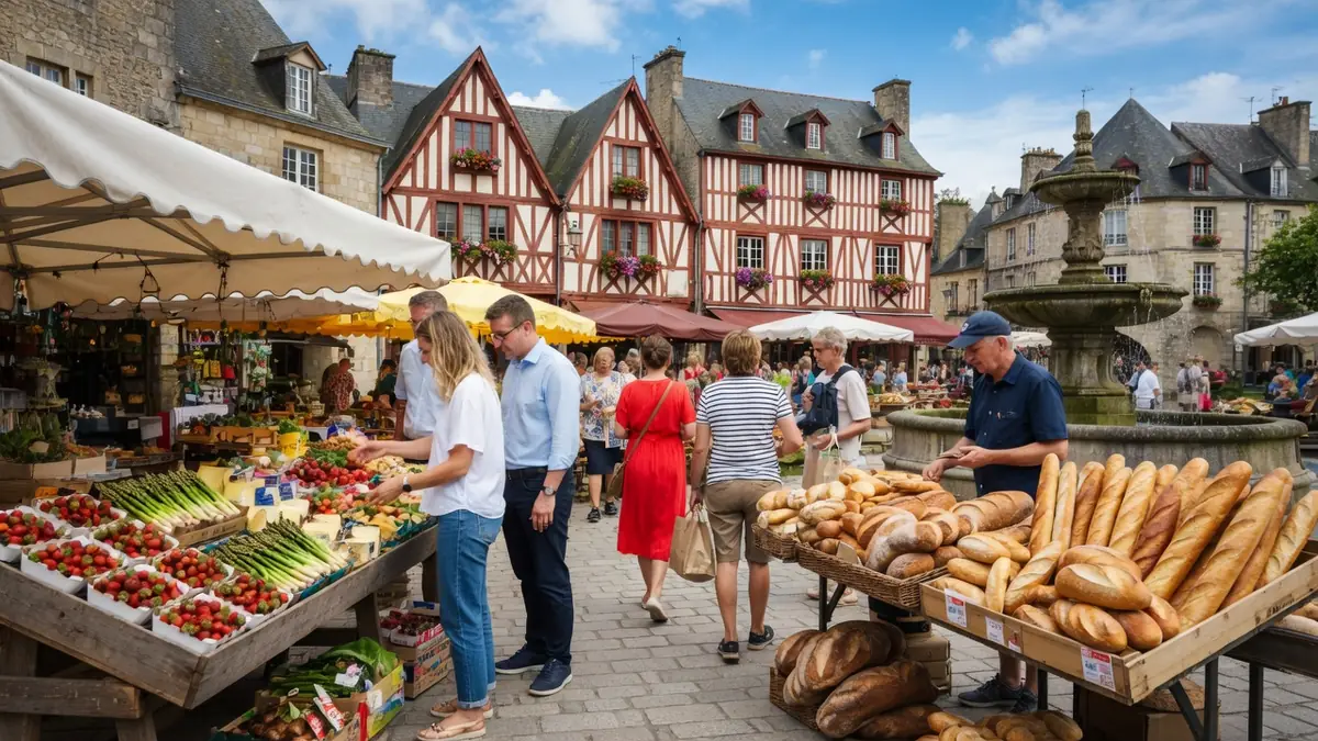Des visiteurs savourent les produits du marché au cours de leur marche dans le Morbihan
