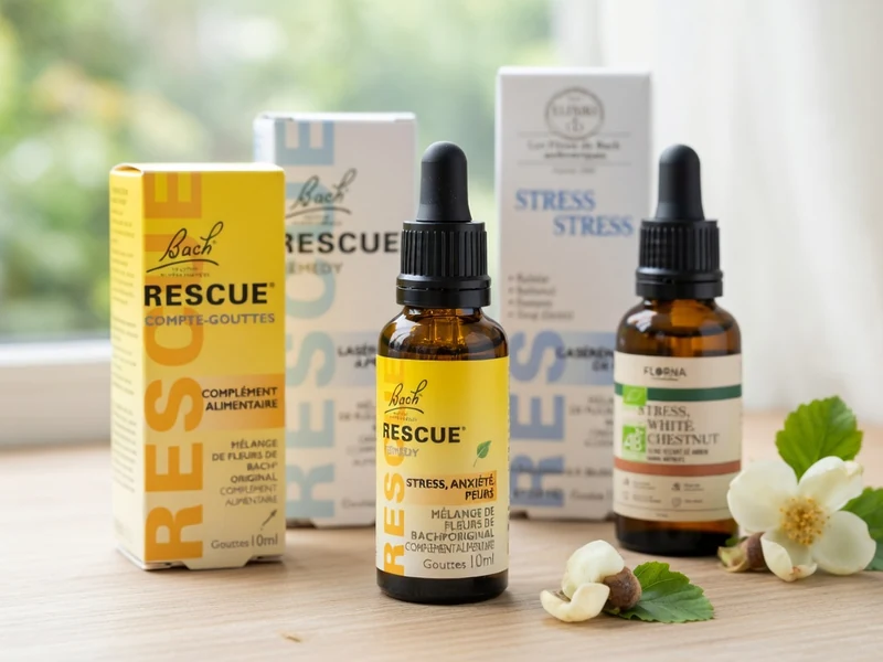 Des flacons et boîtes de fleur de Bach et stress posés avec une fleur sur une table en bois