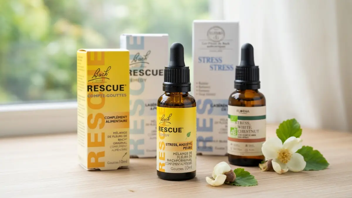 Des flacons et boîtes de fleur de Bach et stress posés avec une fleur sur une table en bois