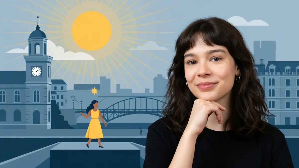 Portrait de la comédienne fleur Fitoussi devant un décor urbain illustré avec un soleil éclatant