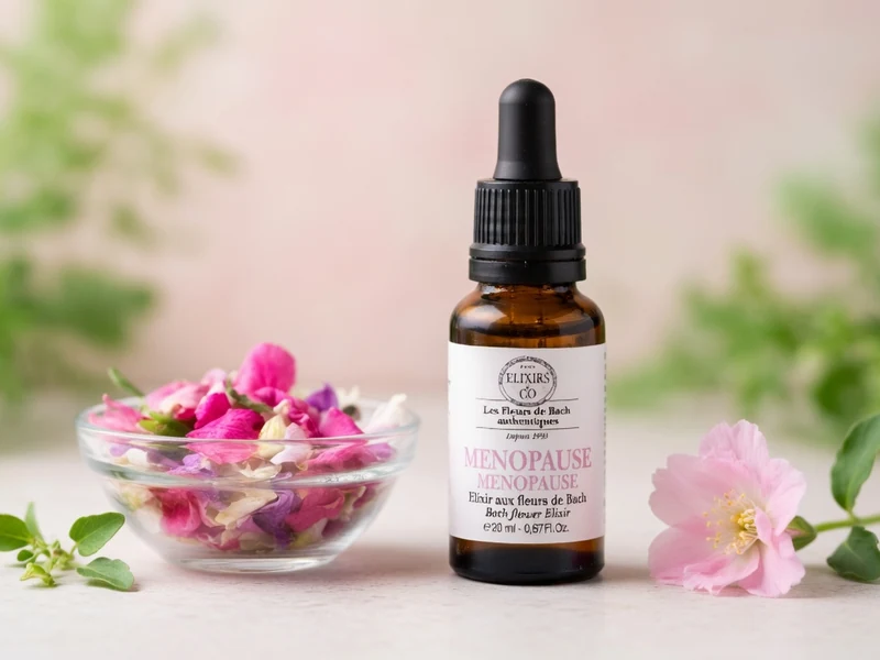 Un flacon d'élixir floral et des fleurs roses illustrent les fleurs de Bach et ménopause