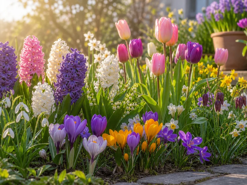 Massif de fleurs de printemps aux tulipes et jacinthes dans la lumiere du matin.