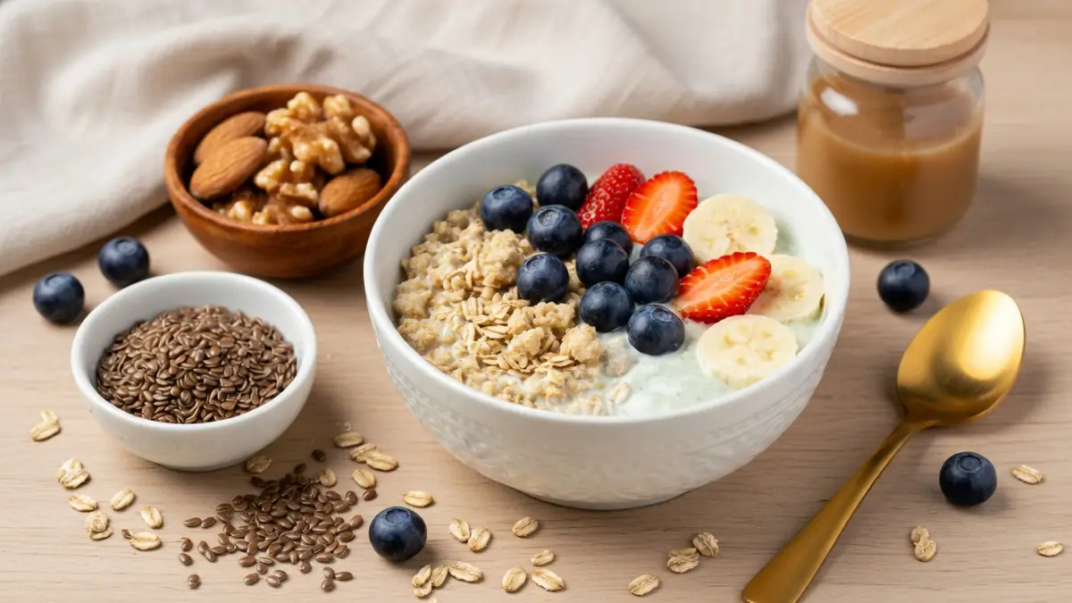 Un bol de flocons d'avoine et reflux gastrique avec fruits frais noix et graines