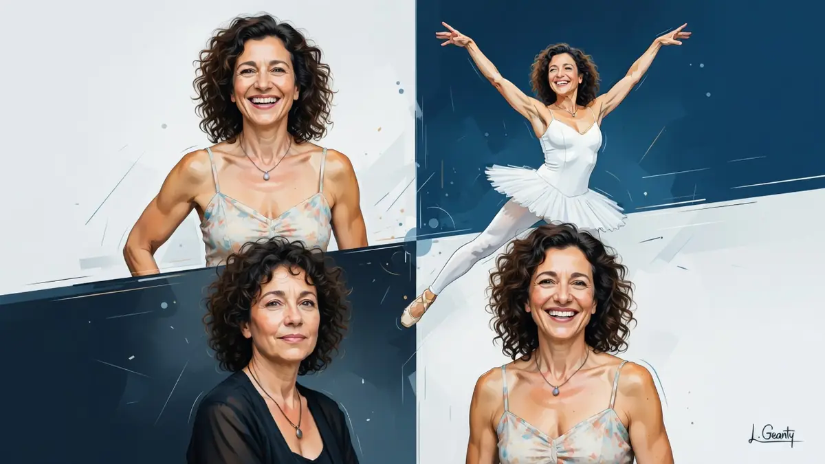 Un collage montre Florence Geanty en quatre portraits aux tenues et poses variées