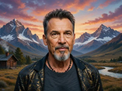 Florent Pagny devant une chaîne de montagnes enneigées au coucher du soleil