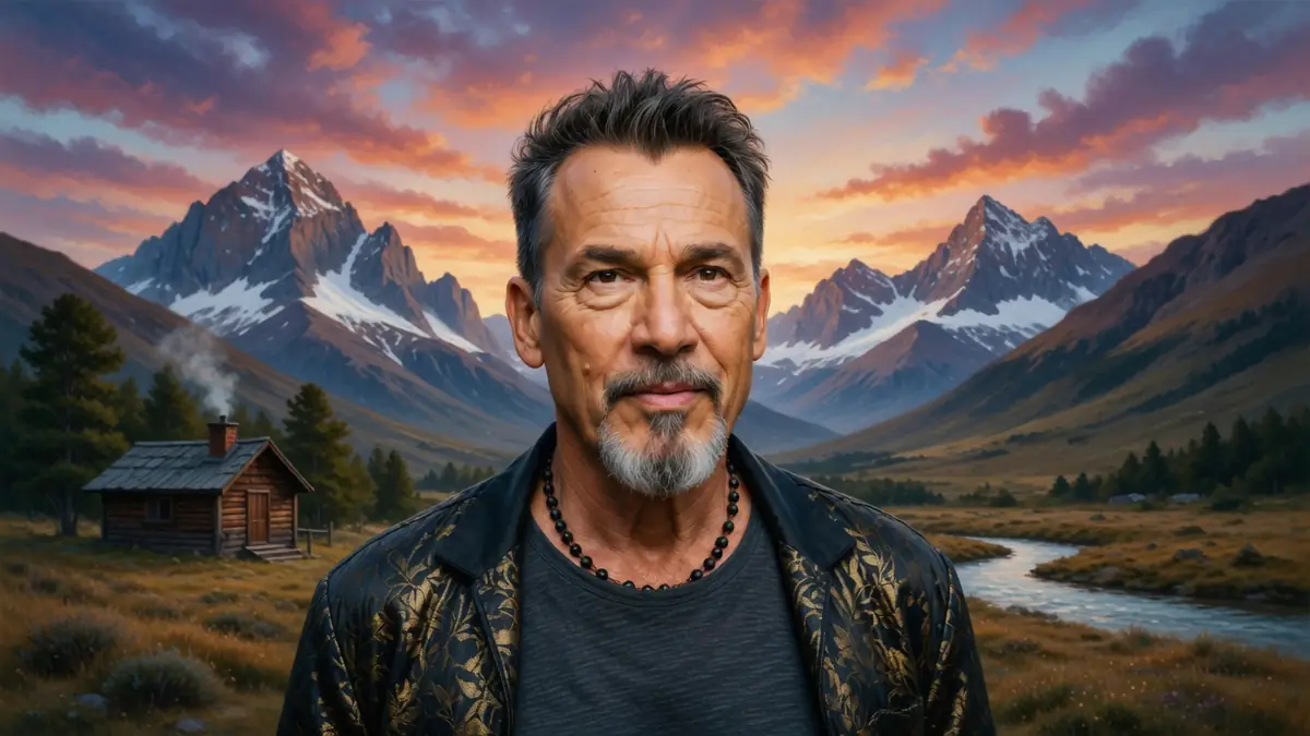 Florent Pagny devant une chaîne de montagnes enneigées au coucher du soleil
