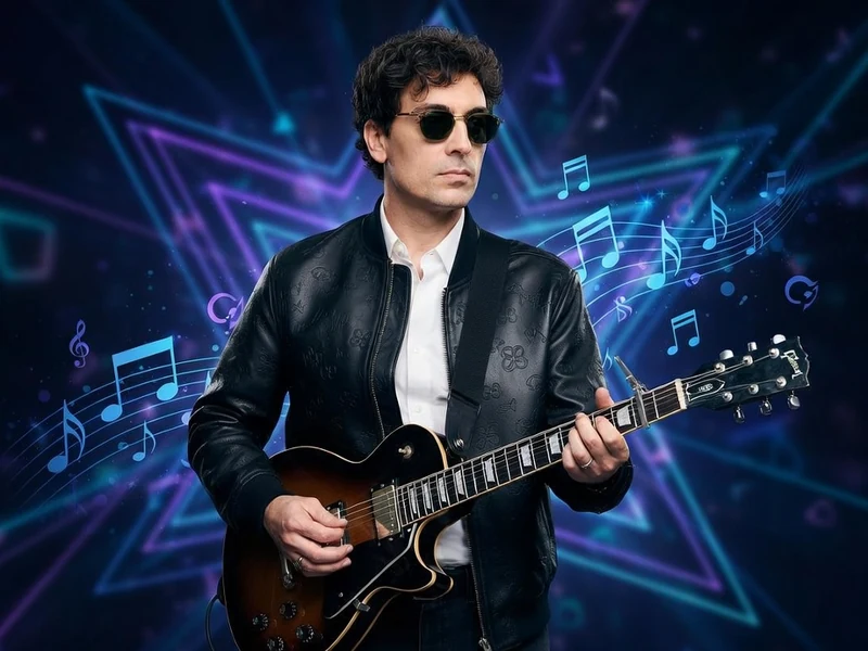 Florian Rossi pose avec une guitare électrique sur fond de notes musicales colorées