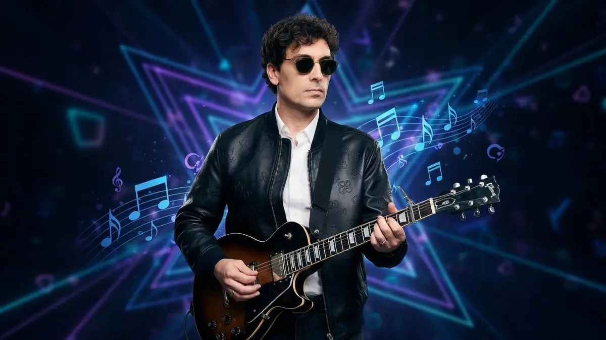 Florian Rossi pose avec une guitare électrique sur fond de notes musicales colorées