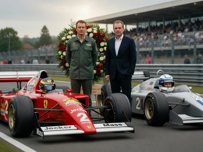 Des officiels et des pilotes rendent hommage à la formule 1 en deuil devant une couronne de fleurs