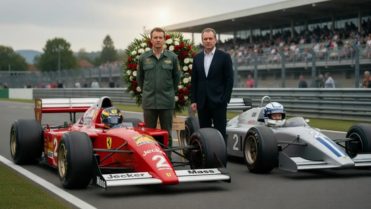 Des officiels et des pilotes rendent hommage à la formule 1 en deuil devant une couronne de fleurs