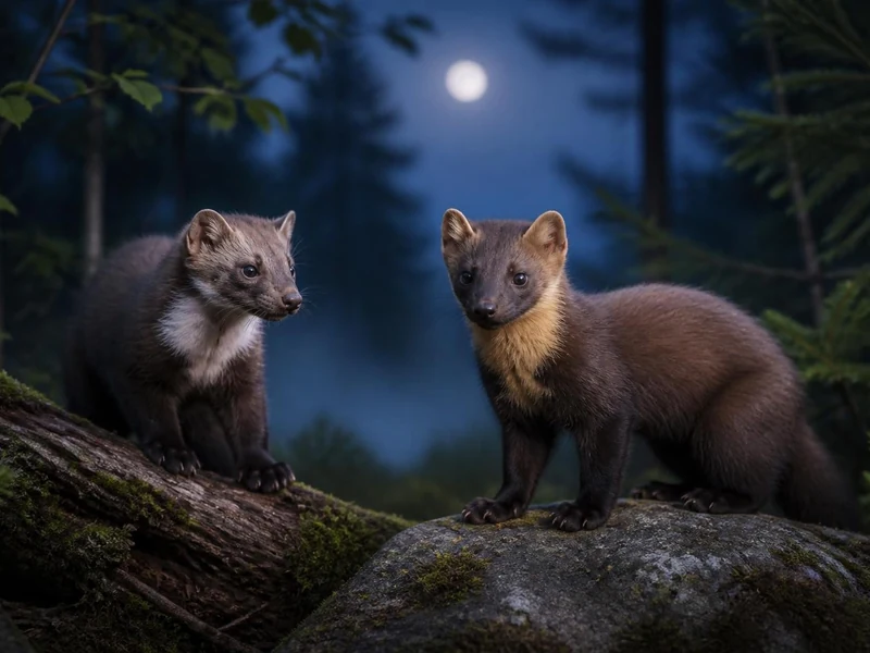 Une fouine ou martre observées de nuit dans la forêt sous la lumière de la pleine lune