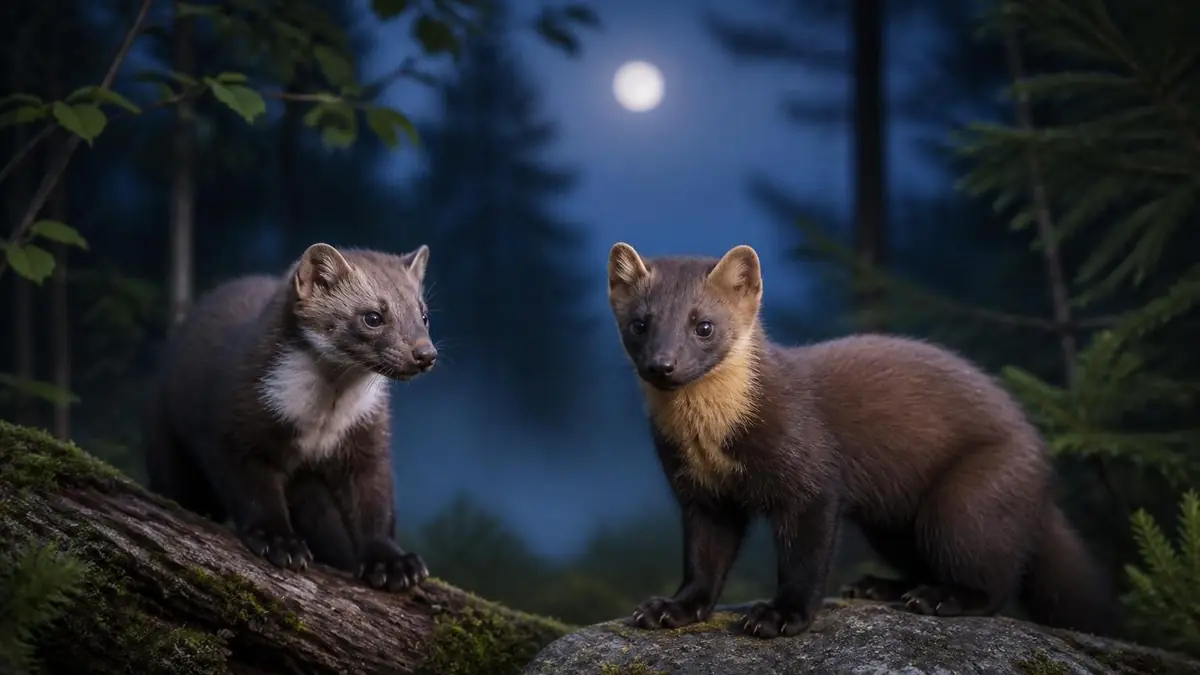 Une fouine ou martre observées de nuit dans la forêt sous la lumière de la pleine lune
