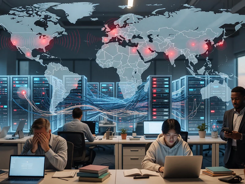 Professionnels stressés observant la carte mondiale lors d'une panne ChatGPT dans un bureau moderne avec serveurs