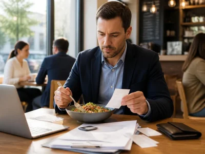 Homme d'affaires vérifiant son ticket de caisse tout en déjeunant pour optimiser ses frais repas impôts 2026